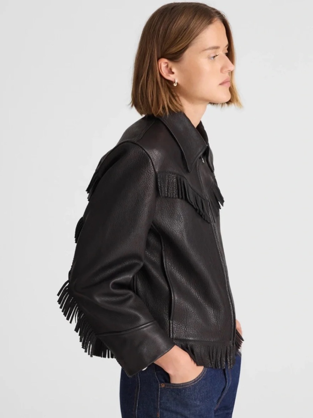 Madewell x Alexa Chung Black Leather Fringe Zip Jacket